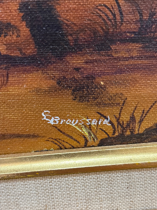 FAUX BAMBOO FRAMED OIL PAINTING OF MOONLIT BEACH - SIGNED BROUSSARD