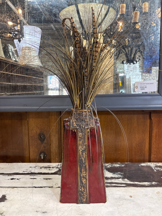 TALL RED VASE WITH FAUX CATTAIL PLANT
