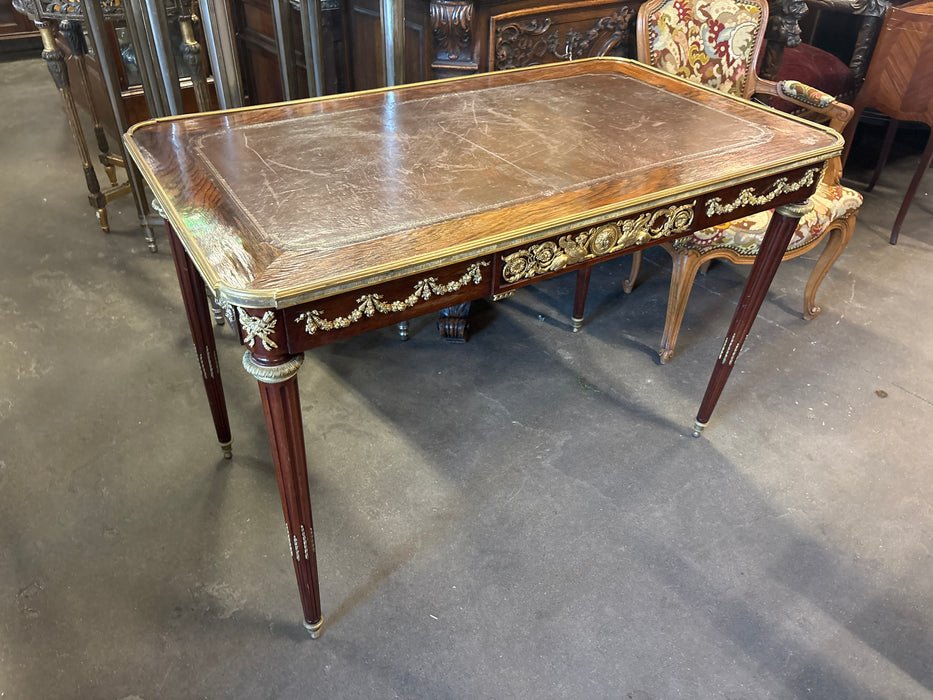 SMALL LEATHER TOP LIBRARY TABLE WITH DRAWER AND GOLD ORMOLU - AS FOUND