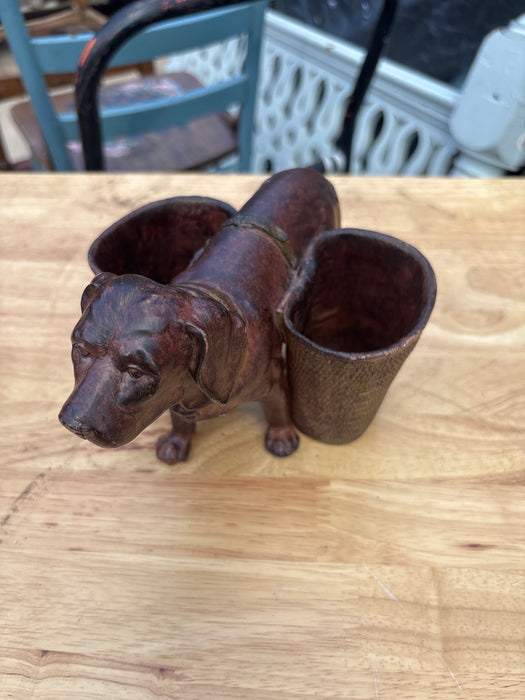 SMALL DOG STATUE WITH SADDLE BASKETS