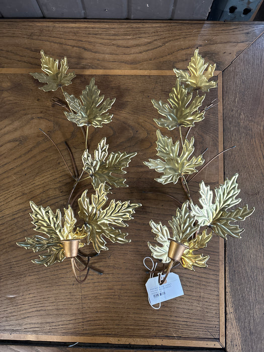 PAIR BRASS LEAF CANDLE HOLDER WALL SCONCES