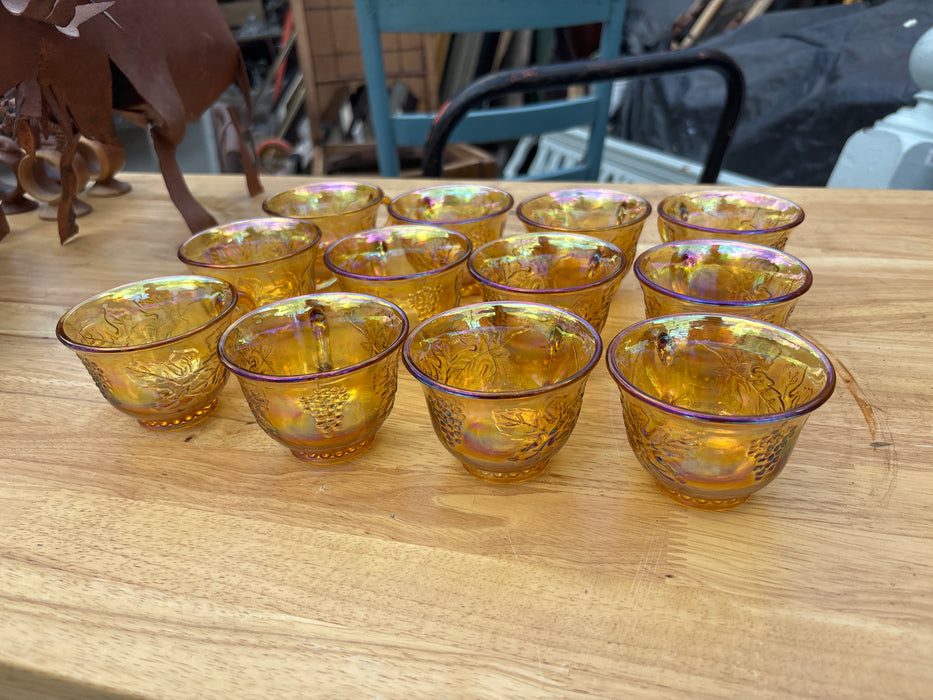 SET OF 12 AMBER CARNIVAL GLASS CUPS WITH LEAVES