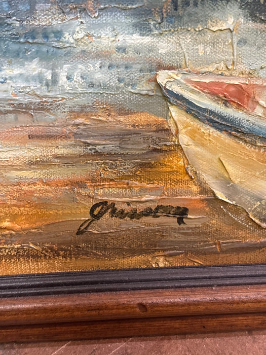 FRAMED IMPRESSIONIST NEW ENGLAND HARBOR OIL PAINTING WITH SMALL BOATS ON CANVAS - SIGNED