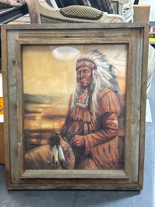 RUSTIC PINE FRAMED OLD INDIAN CHIEFTAIN PRINT - SIGNED RUANE MANNING