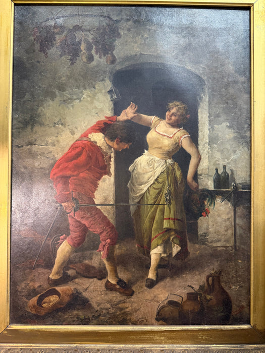 LARGE FRAMED OIL PAINTING OF A  17TH CENTURY SCENCE WITH COURTING COUPLE FROLICKING