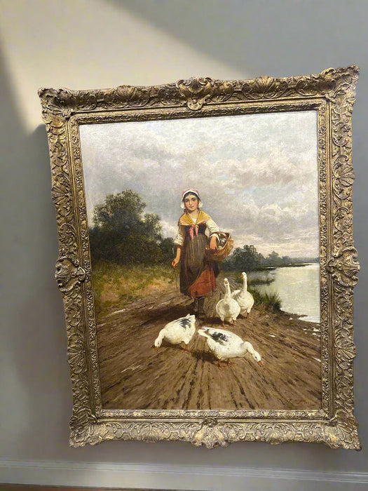 FRAMED OIL PAINTING OF A GIRL WITH GEESE BY P. ANOYES CIRCA 1882