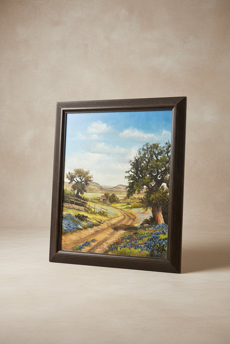 LARGE RESTORED FRAMED BLUE BONNET AND FARM HOUSE LANDSCAPE PAINTING - SIGNED SHIRLEY DOWD