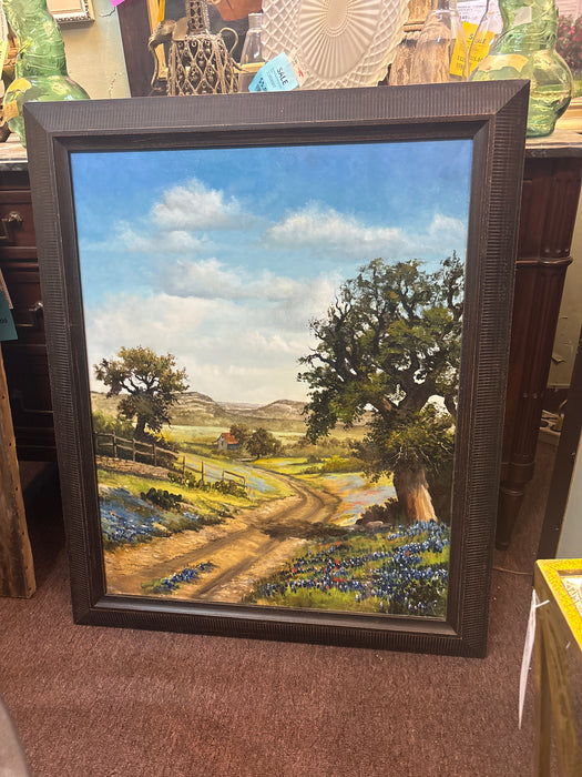 LARGE RESTORED FRAMED BLUE BONNET AND FARM HOUSE LANDSCAPE PAINTING - SIGNED SHIRLEY DOWD