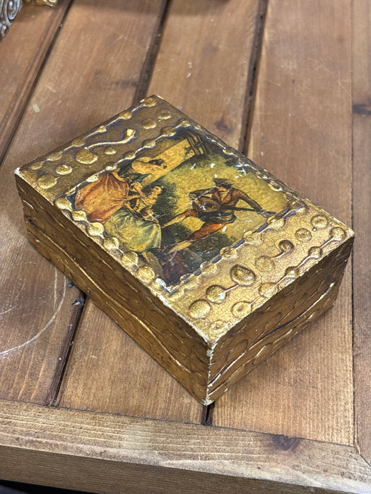 SMALL GOLD FLORENTINE BOX WITH DECOUPAGE PAINTING OF MAN SERENADING WOMEN