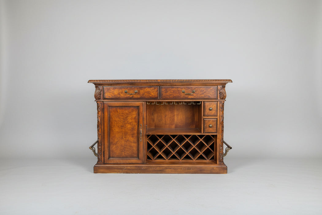 BURLED ASH WOOD MARBLE TOP BAR WITH LOCKING DOOR - NOT OLD - SEVEN SEAS COLLECTION BY HOOKER