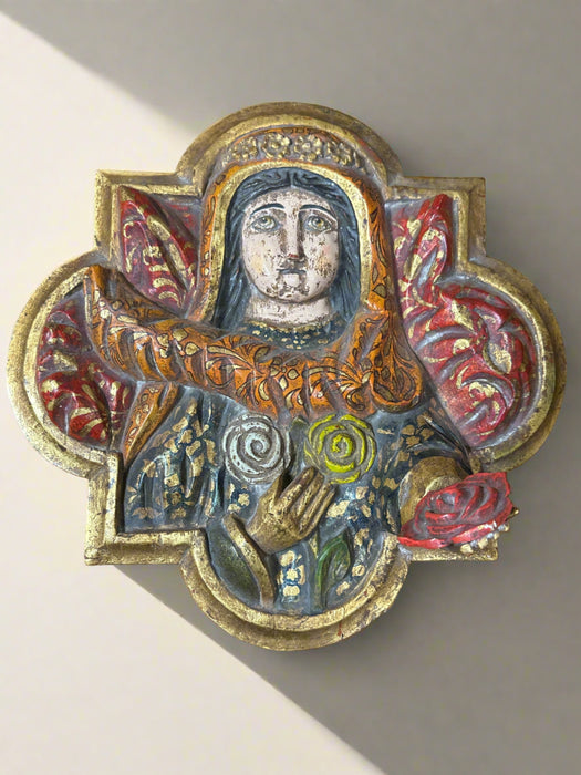 HAND CARVED AND PAINTED RELIGIOUS LADY WALL PLAQUE