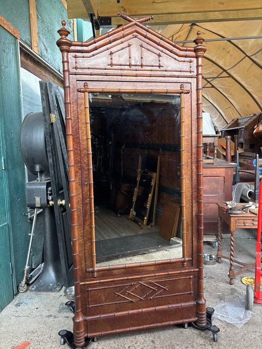 FRENCH FAUX BAMBOO LINEN ARMOIRE WITH MIRROR