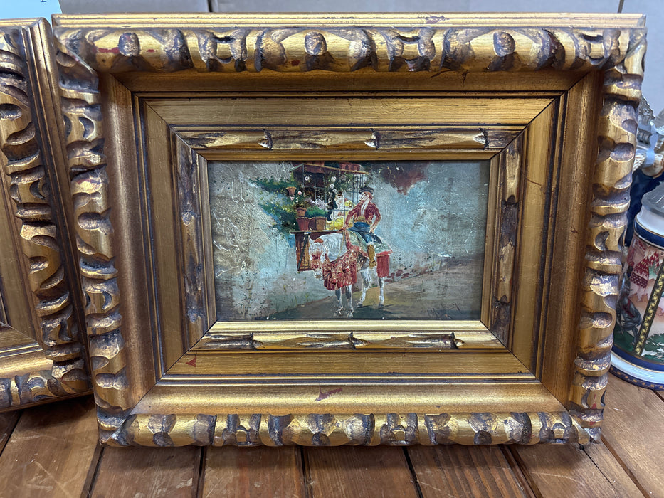 PAIR OF SMALL ORNATE GOLD FRAMED SPANISH OIL PAINTINGS OF PEOPLE - SIGNED