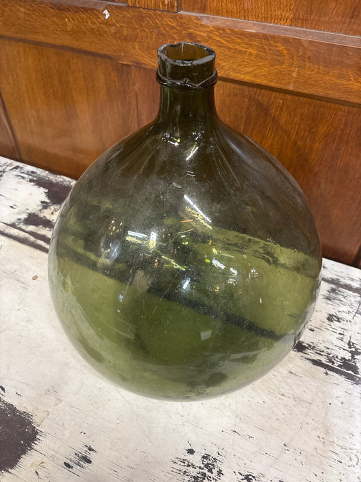 LARGE ROUND GREEN HAND BLOWN WINE BOTTLE