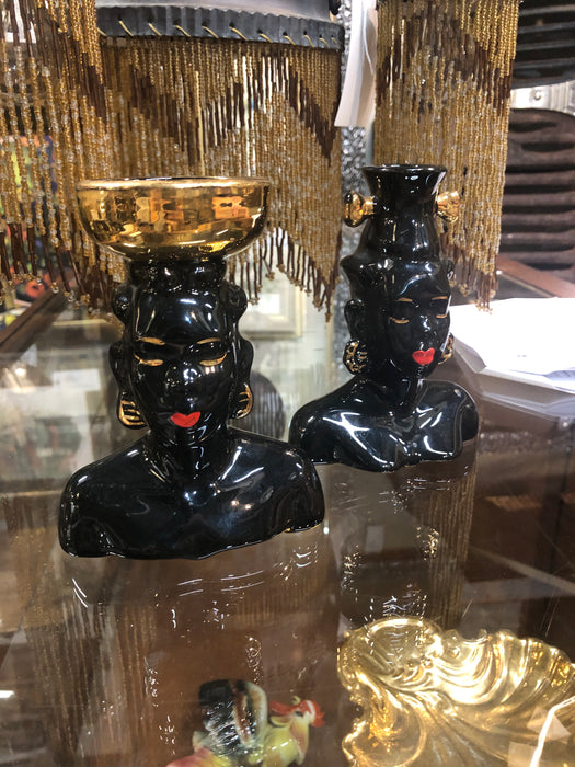 PAIR OF SMALL BLACK LADY VASES