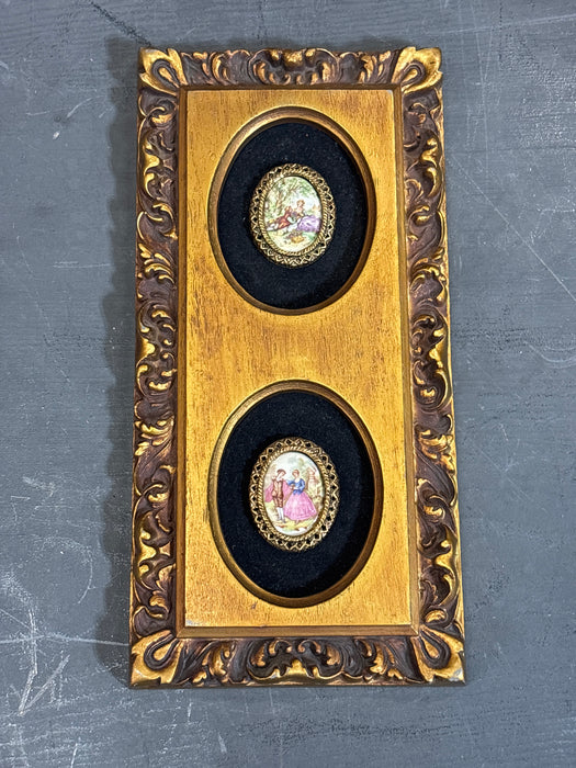 VINTAGE PLASTIQUE FRAMED PORCELAIN PLAQUES 1 EACH OF 2
