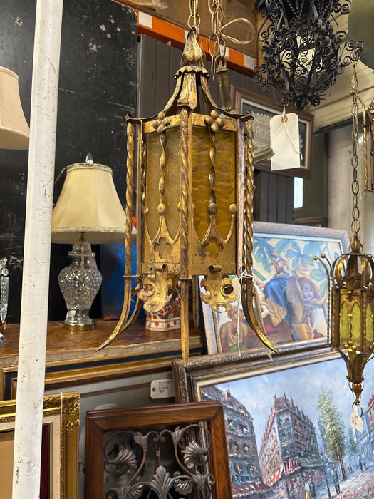 GOLD GLASS AND METAL HANGING GOTHIC LANTERN