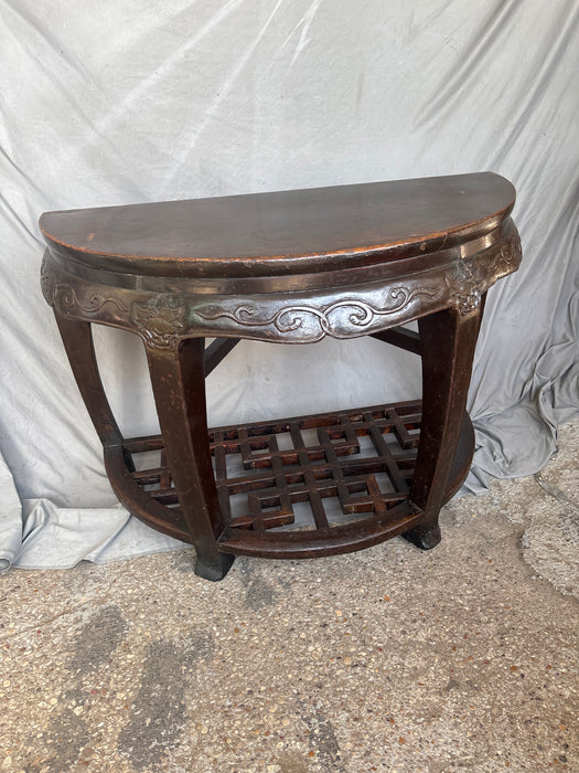 ASIAN CARVED WOODEN DEMI LUNE CONSOLE TABLE