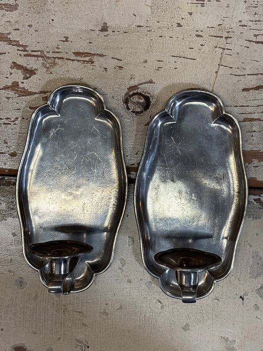 PAIR OF TALL ITALIAN SCALLOPED PEWTER WALL CANDLESTICK SCONCES