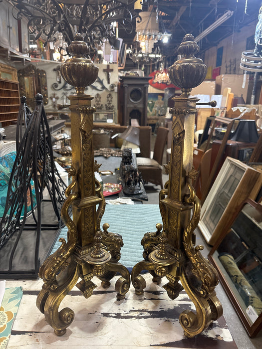 PAIR OF SMALL ORNATE BRASS ANDIRONS WITH DOLPHINS