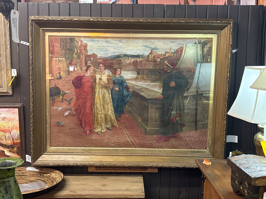 LARGE ORNATE GILT FRAMED PAINTING OF WOMEN ON BRIDGE WALK