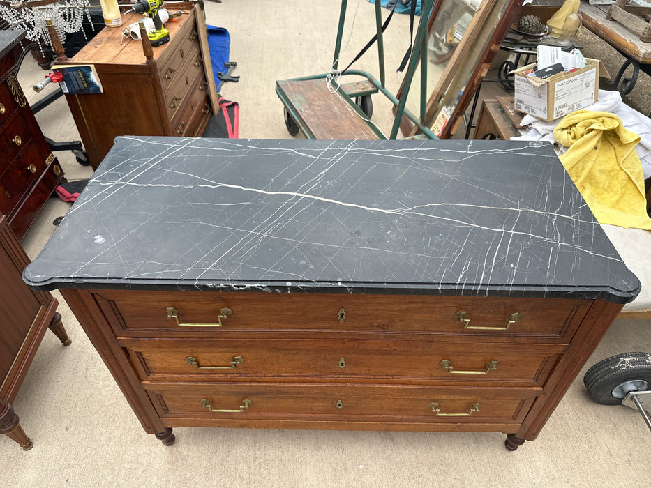 LOUIS XVI BLACK MARBLE TOP PEGGED CHEST WITH AS FOUND VEINED MABRLE