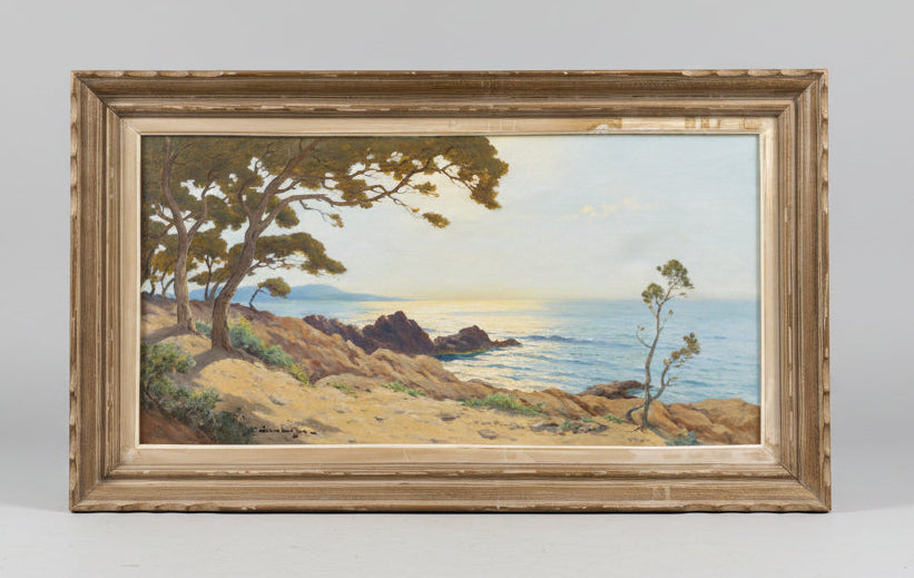 RUSTIC FRAMED SEASCAPE OIL PAINTING JEAN LEFON 1886-1973 FRENCH