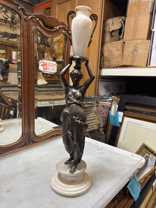 BRONZE GREEK LADY STATUE WITH MARLE VASE ON MARBLE BASE