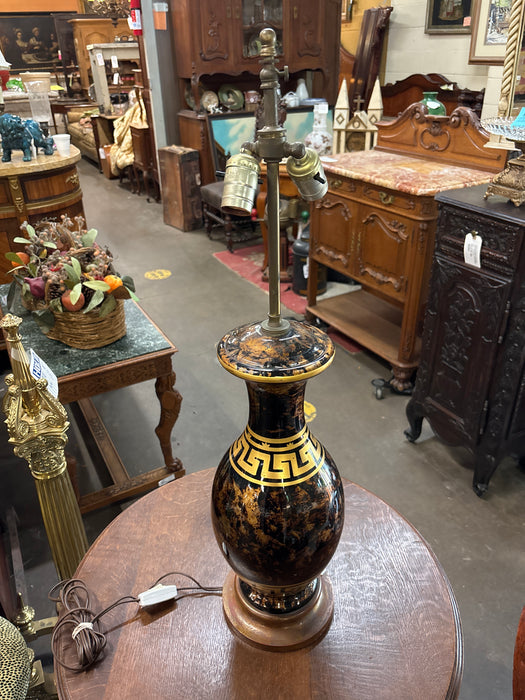 BLACK AND GOLD TORTOISE GLASS LAMP WITH GREEK KEY