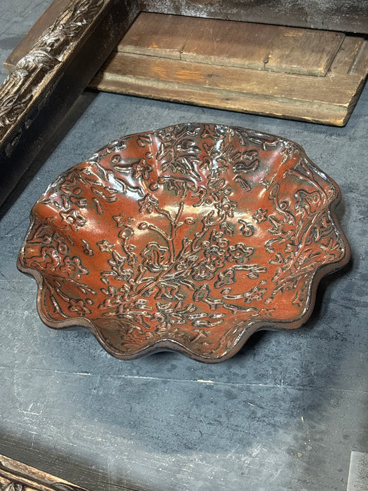 REDDISH ORANGE RUFFLED POTTERY BOWL - SIGNED LAURA