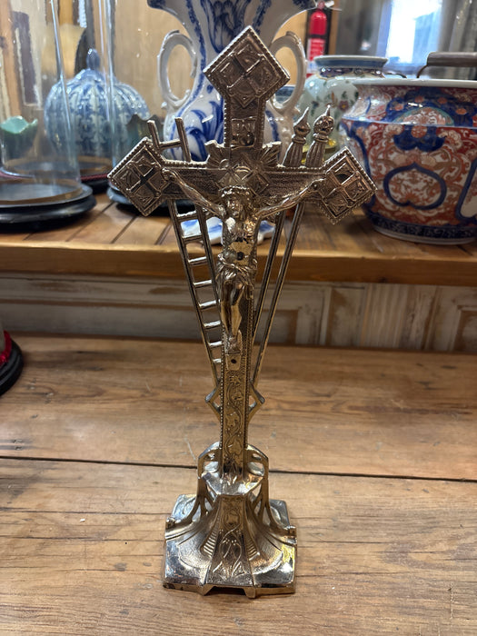 SQUARE BASE METAL CRUCIFIX WITH MARY AND JOSEPH UNDER DOME