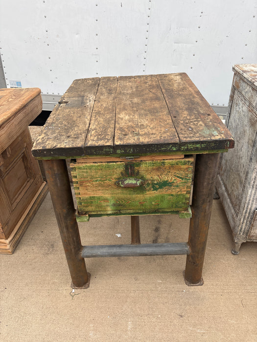 GREEN METAL AND WOOD 2 DRAWER WORK TABLE