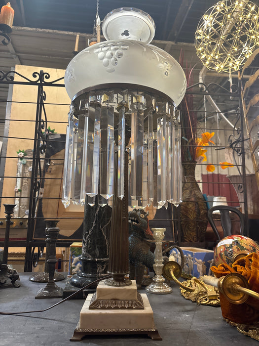 TALL BRASS COLUMN LAMP ON MARBLE BASE WITH LUSTERS AND ETCHED GLASS SHADE