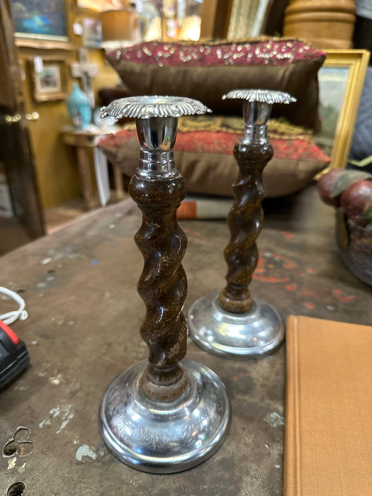 PAIR OF BARLEY TWIST WOOD AND METAL CANDLESTICKS