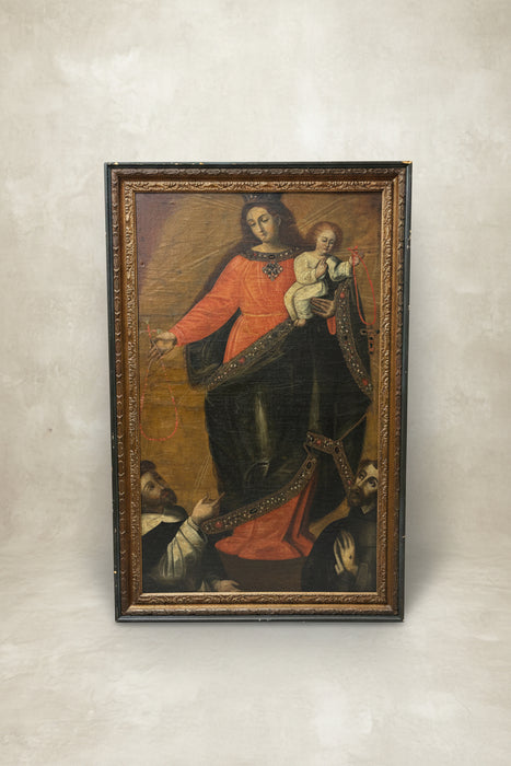 LARGE BLACK AND BROWN FRAMED RELIGIOUS OIL PAINTING OF MARY AND JESUS
