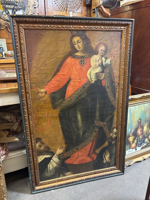 LARGE BLACK AND BROWN FRAMED RELIGIOUS OIL PAINTING OF MARY AND JESUS