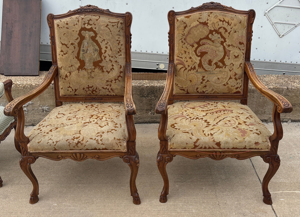 PAIR OF LXV OAK NEEDLEPOINT ARM CHAIRS WITH HOOF FEET