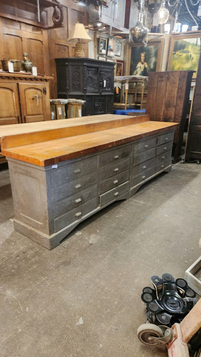 HUGE INDUSTRIAL GRAY PAINTED WORK COUNTER WITH LARGE DRAWER