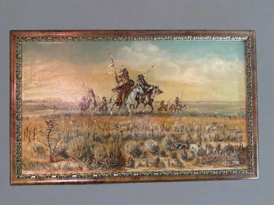 NATIVE AMERICAN INDIAN SCOUTING PARTY OIL ON CANVAS PAINTING PAINTING BY RM DEMILLE