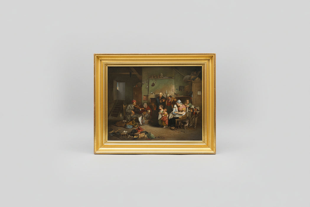 19TH CENTURY RELINED INTERIOR SCENE OIL ON CANVAS PAINTING-FRAME ONLY