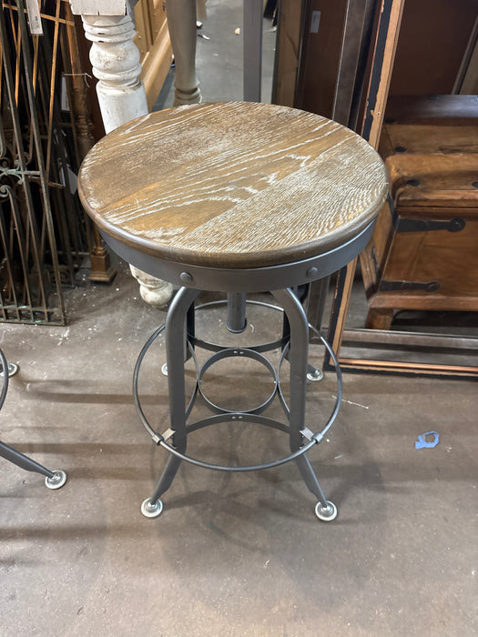 PAIR OF SWIVEL STOOLS WITH WOOD TOPS - NOT OLD