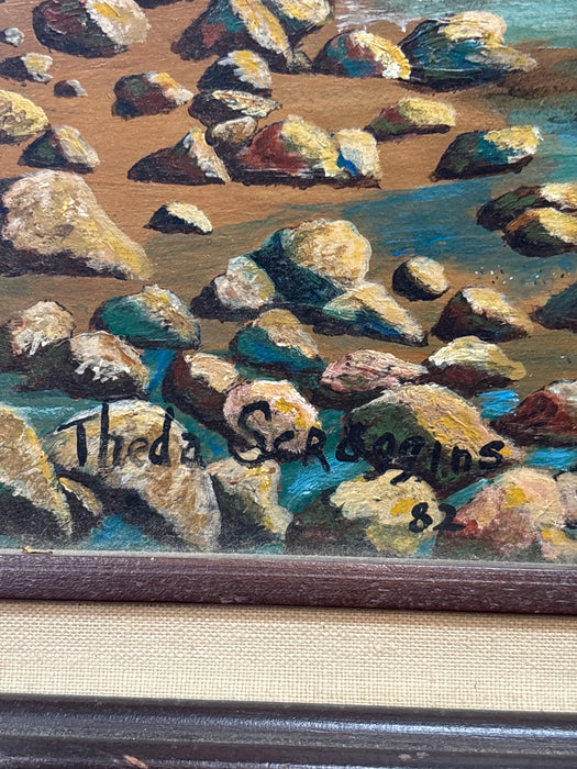 BROWN FRAMED MEDIUM WESTERN ACRYLIC PAINTING OF HORSES DRINKING WATER - SIGNED THEDA SCROGGINS