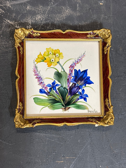 SET OF 4 ORNATE GILT FRAMED FLORAL PAINTED WALL HANGING TILES - SIGNED