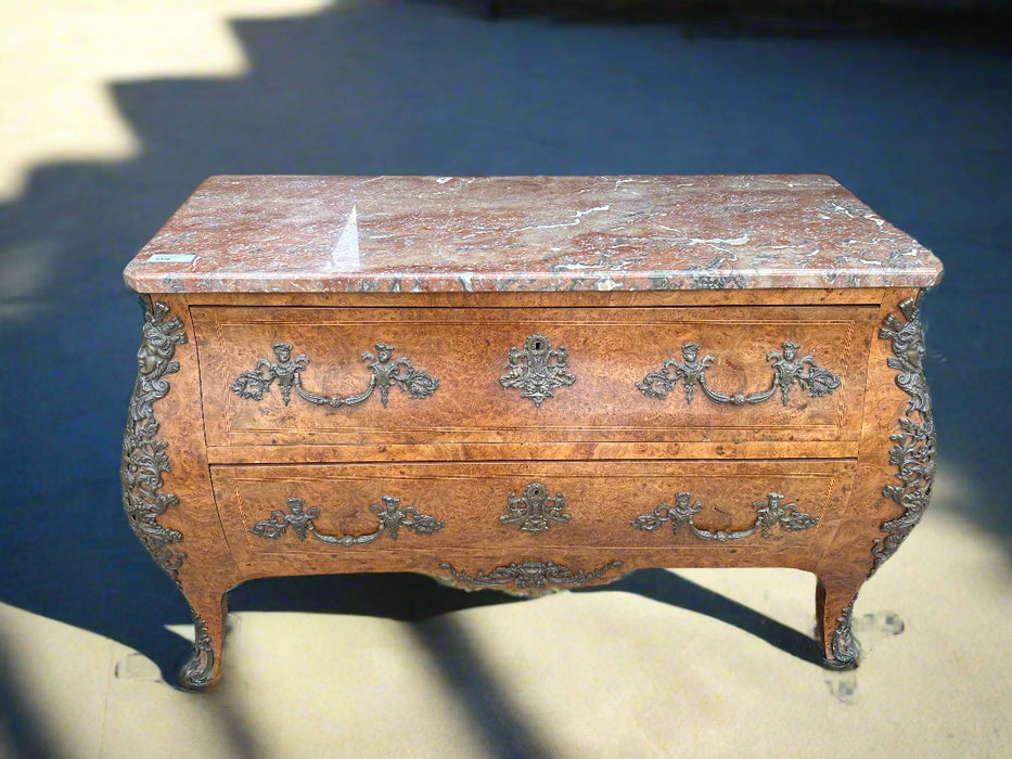 LARGE BURLED WOOD MARBLE TOP CHEST WITH ORMOLU