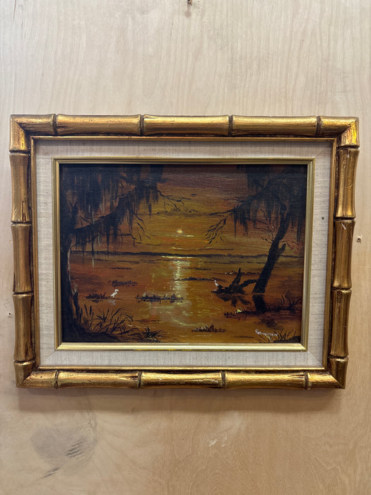 FAUX BAMBOO FRAMED OIL PAINTING OF MOONLIT BEACH - SIGNED BROUSSARD