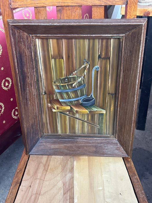 FLARED FRAMED OIL PAINTING ON BOARD OF WATER BUCKET AND LADEL - SOGNED ELAINE HETZER