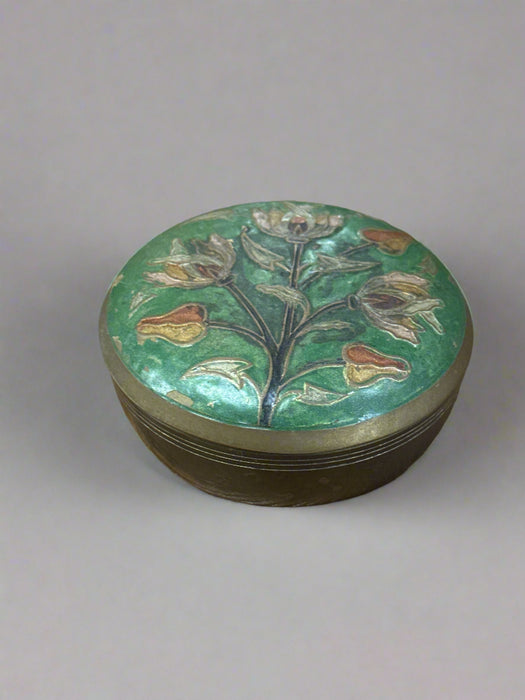 ROUND BRASS BOX WITH GREEN ENAMELED LID