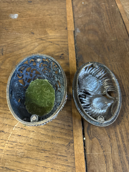 SMALL BLUE AND PURPLE OVAL FEATHERED JEWELED BOX