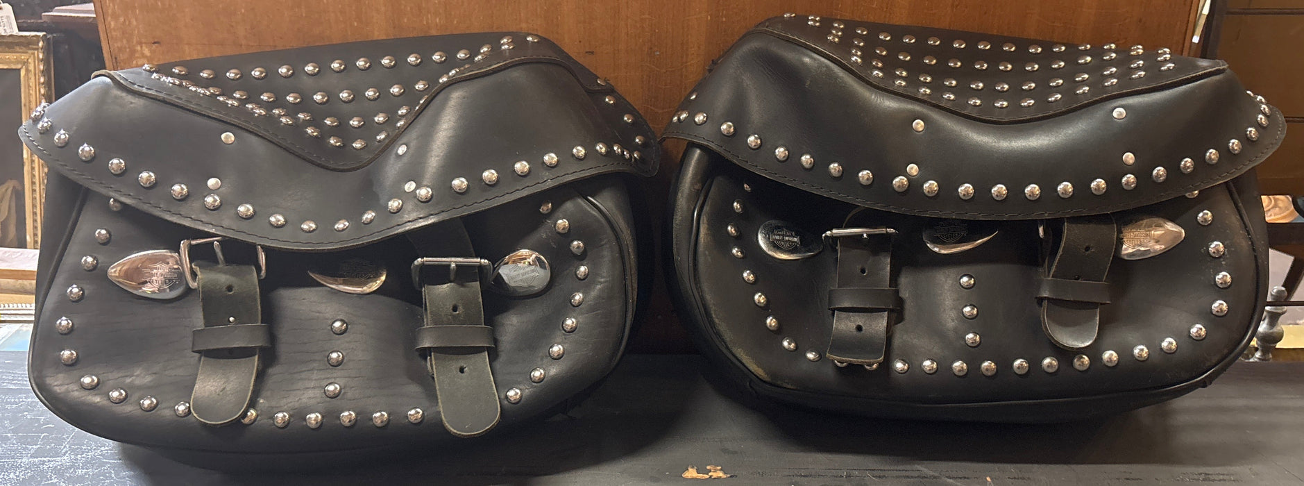 PAIR OF BLACK HARLEY MOTORCYCLE SADDLE BAGS
