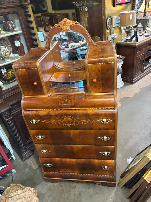 ART DECO HIGH BOY WITH MIRROR AND WATERFALL FRONT AND INLAY